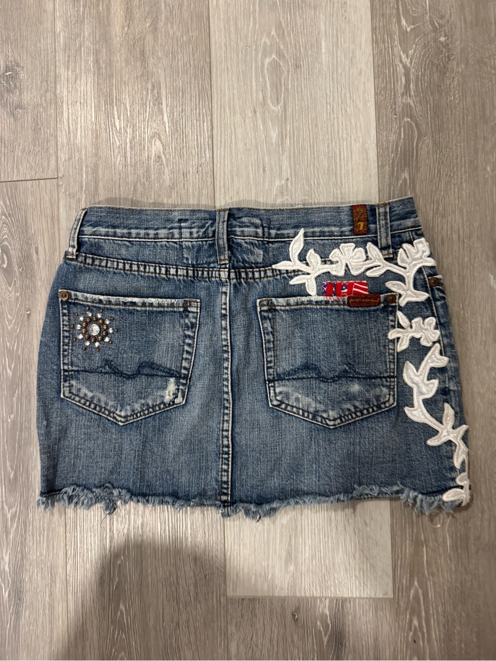 7 For All Mankind Blue Denim Mini Skirt with White Embroidered Vine